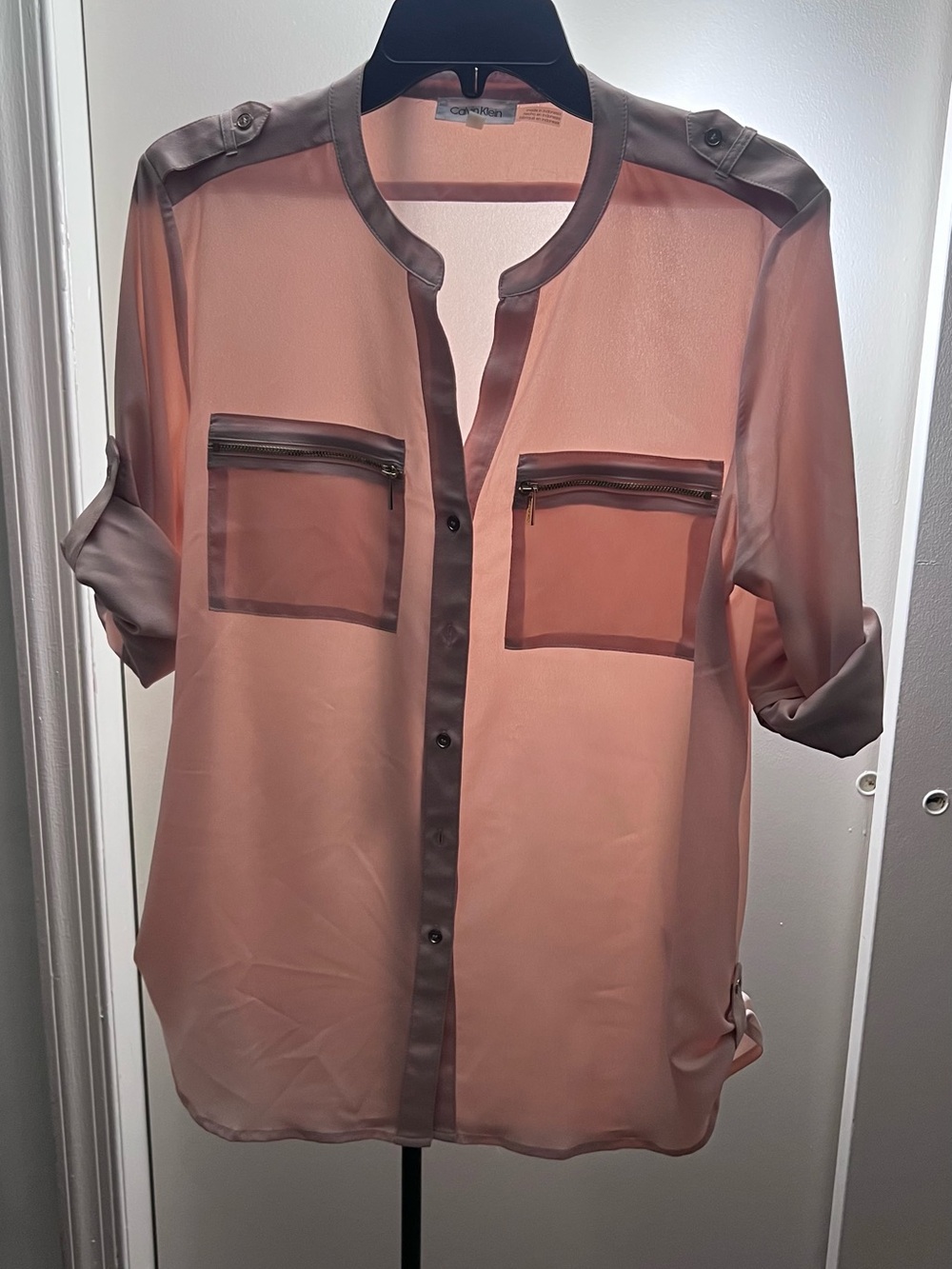 Calvin Klein Peach Sheer Blouse with Taupe Trim
